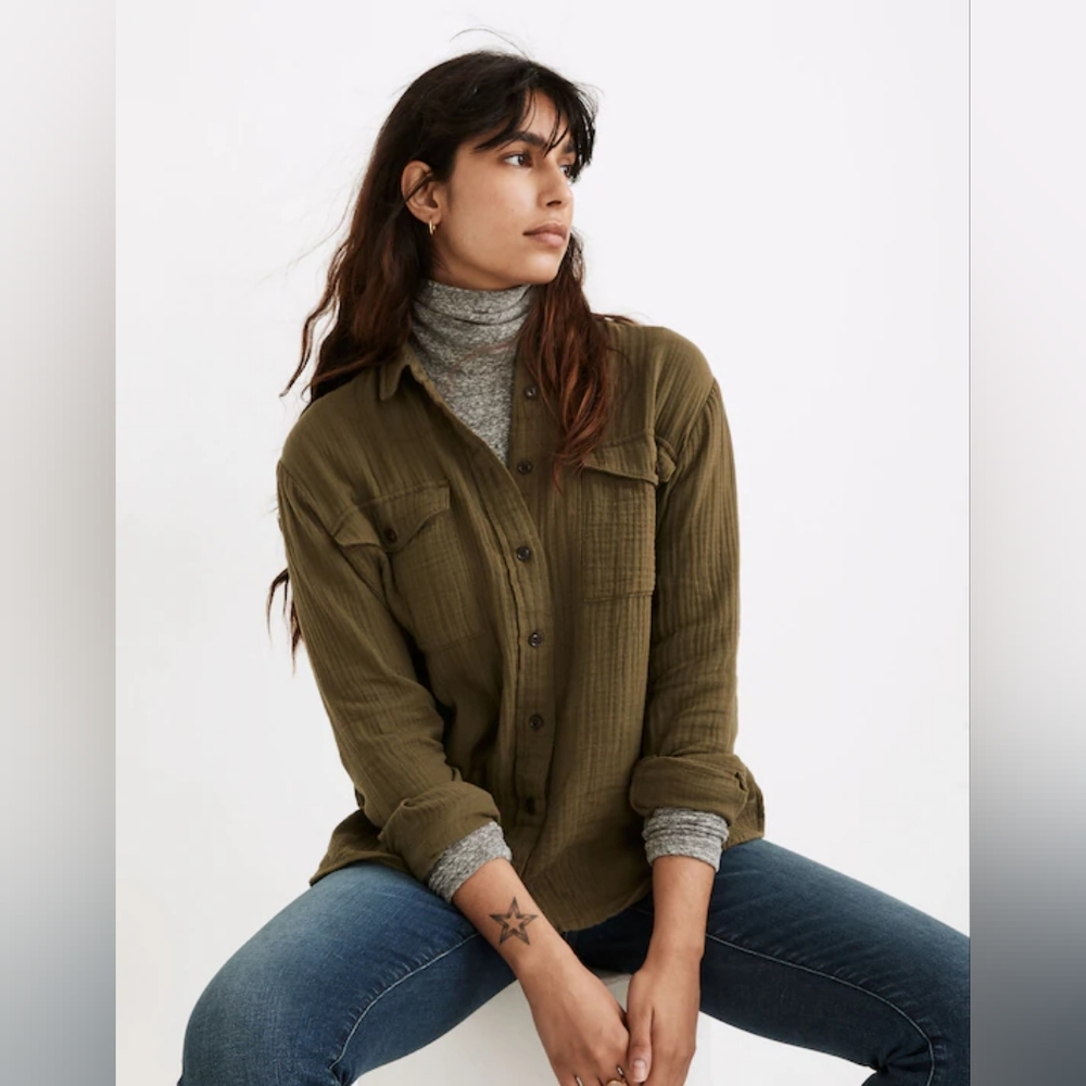 Madewell Olive Green Button-Up Textured Shirt